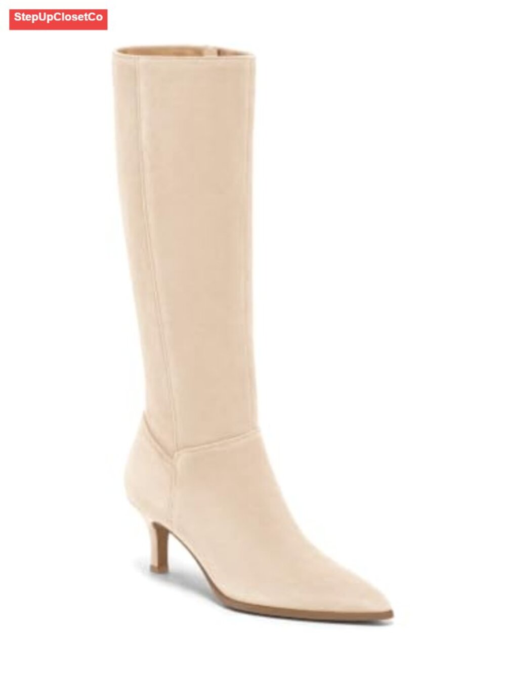 Womens Knee High Boots Pointed Toe Kitten Heel Faux Suede Side Zipper